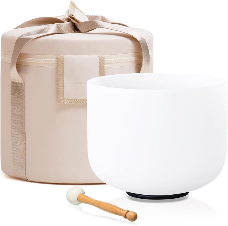 CVNC 432HZ 7 Inch F Note Heart Chakra Frosted Quartz Crystal Singing Bowl Meditation Therapy Sound Healing Bowl with Mallet O-ring and White Carry Bag - Image 1